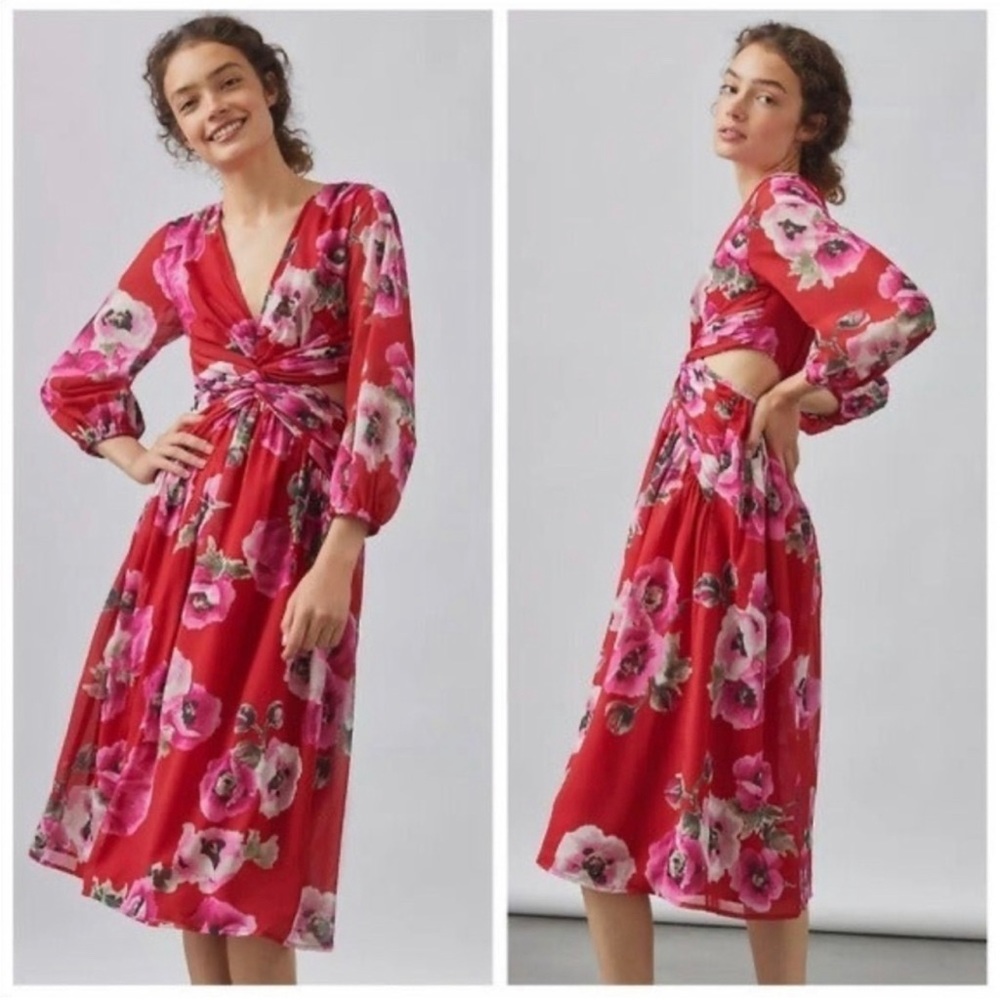 Ranna Gill Red Floral Midi Dress with Pink Accents